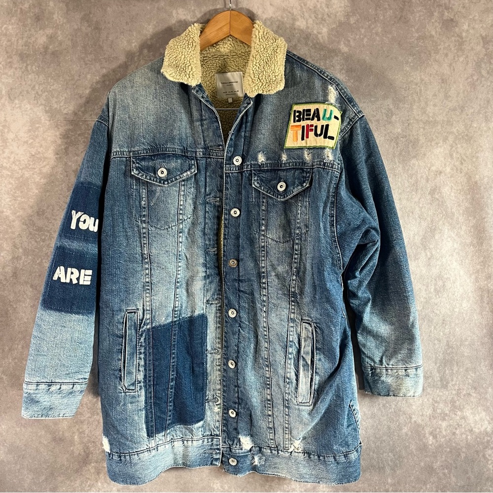 Zara Trafaluc Jean Jacket Mens Medium Blue Distressed Denim No Meaning Beautiful